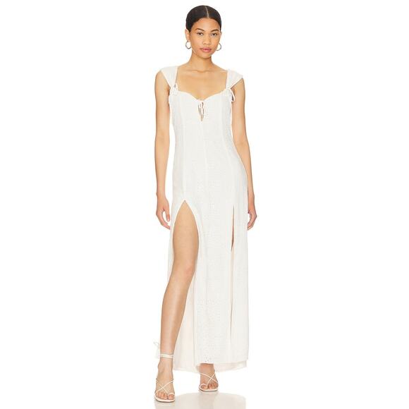 LPA Gabriella‎ Eyelet Maxi Dress Ivory White V-Neck Side Slits Sleeveless Sz M